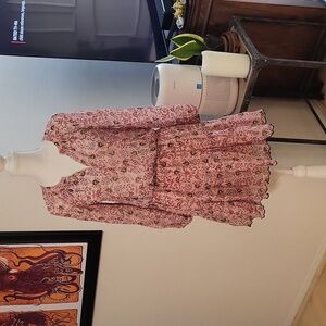 Velvet Pink Floral Sheer Top Long Sleeve V Neck Bottom is Lined Elastic Waist